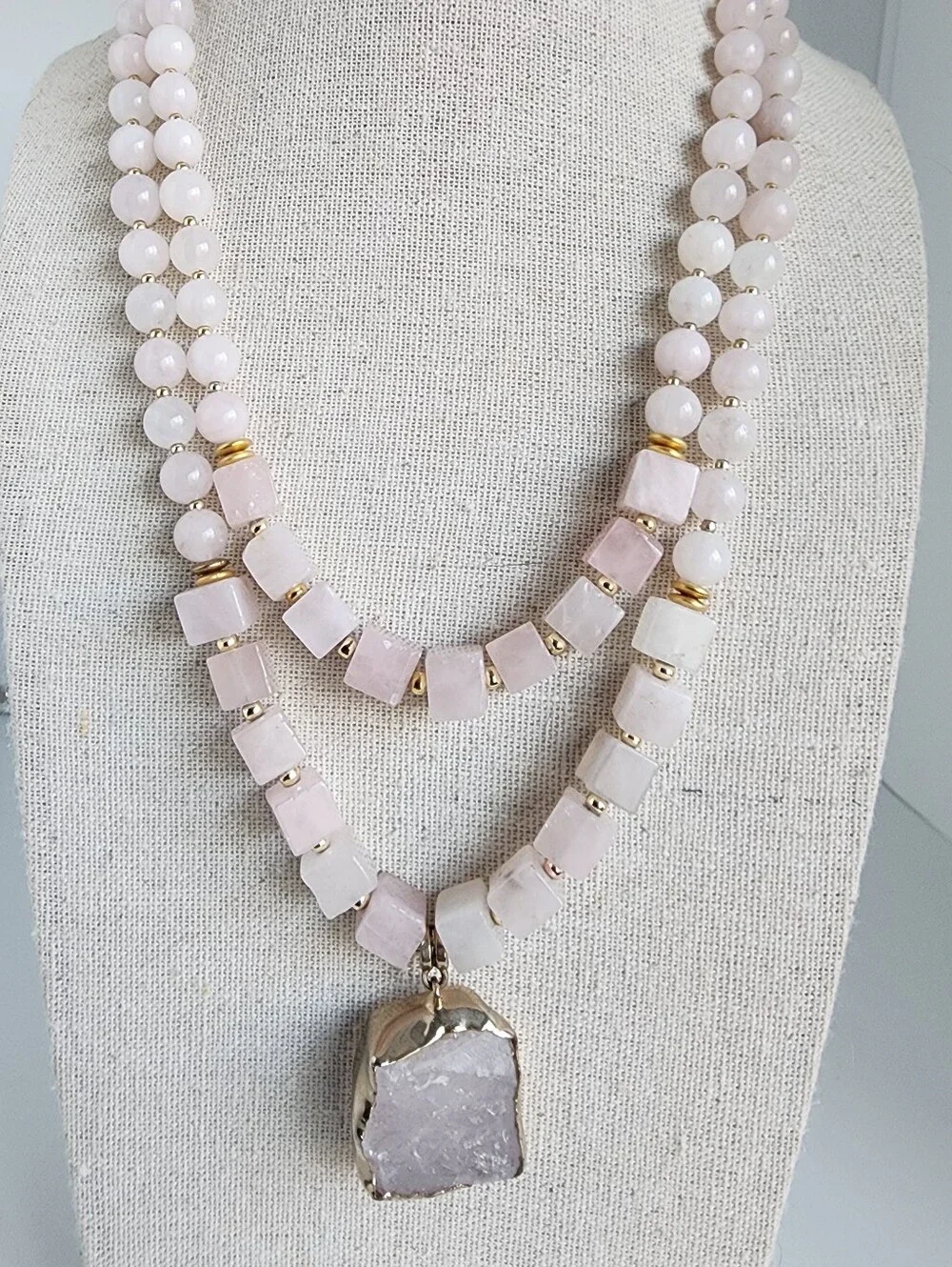 Rose Quartz Statement Necklace Double Strand Raw Stone Pendant 18" - Picture 3 of 5